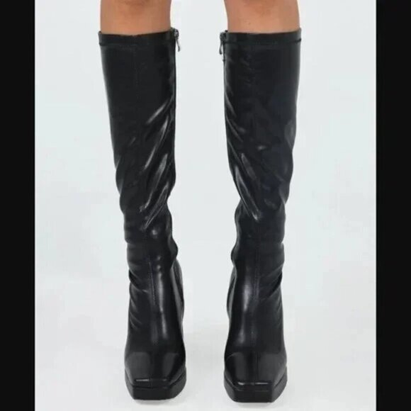 Princess Polly Zayas Black Faux Leather Knee High Heeled Boots 7 - Picture 4 of 10